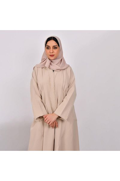 HAWRAA Beige Wrap Abaya with Tassels and Pleats
