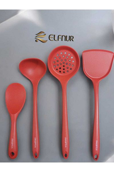 elfnur Hard Tip Heat Resistant Silicone Colander Spatula Ladle Spoon Set 4Pcs Black
