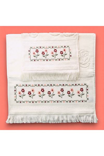 Sahra Çeyiz Nakış Special Design Cross Stitch Embroidered Velvet Etamine Dowry Set of 2 Towels