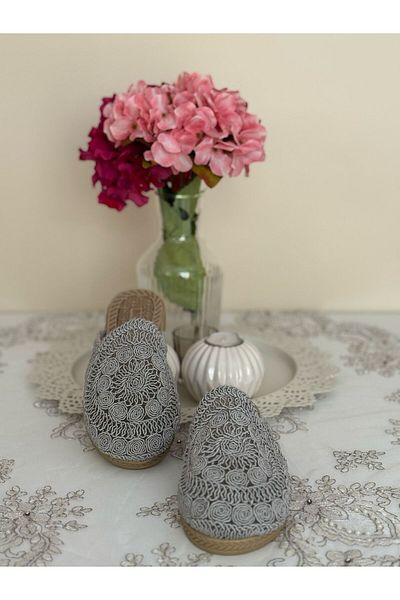 FivemodaSpor Women's Straw Slippers Closed Front Open Mesh Lace Knitwear Embroidery Detailed Stylish Summer Home Beach Vacation Slippers