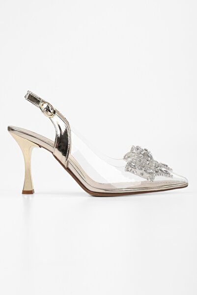 Shoeberry Women's Lumi Gold Transparent Thin Heeled Shoes