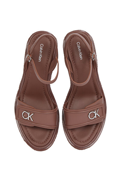 Calvin Klein Women Brown Relock Leather Wedge Sandals