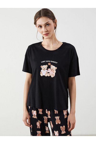 LC Waikiki Σετ γυναικεία πιτζάμες Capri με στάμπα LCW Young Crew Neck Bear Teddy (S5)