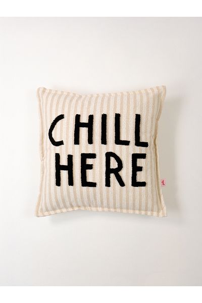 Galia Tasarım Chill Here - Beige Motto Punch Throw Pillow Cover - Striped