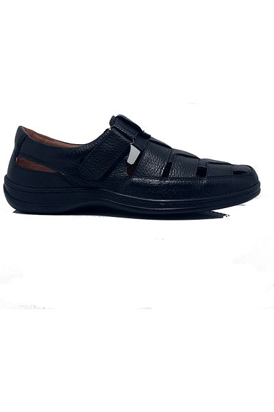 Sultan Black Genuine Leather Banded Orthopedic Casual Men's Summer Shoes