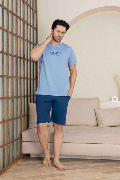 Tarık Men's Blue Short Sleeve Shorts Combed Cotton Pajama Set