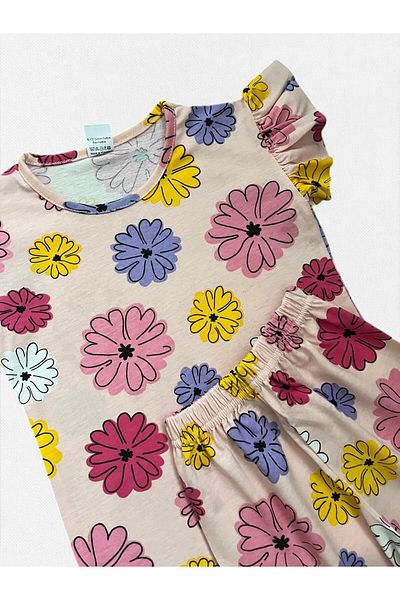 Fil Kids Girl's Cotton Puppy Mouth Color Flowers Patterned Short Sleeve Ruffle Shorts Summer Pajama Suit