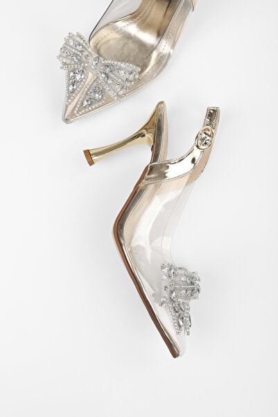 Shoeberry Women's Lumi Gold Transparent Thin Heeled Shoes