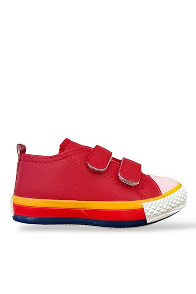 Liger Unisex Kids Linen Short Convers Model Velcro Sneaker Sports Shoes (26-30) Red - White
