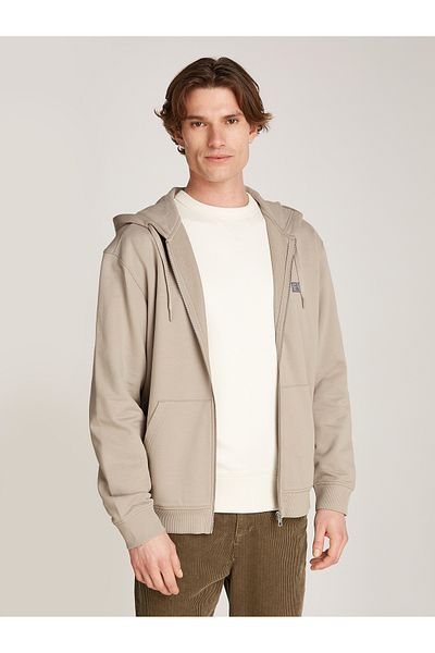 Calvin Klein Men Beige Woven Label Zip Through Hoodie