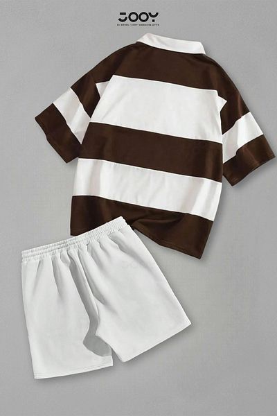 Jooy Set of 2 Striped Half Zipper T-Shirt White Shorts Set