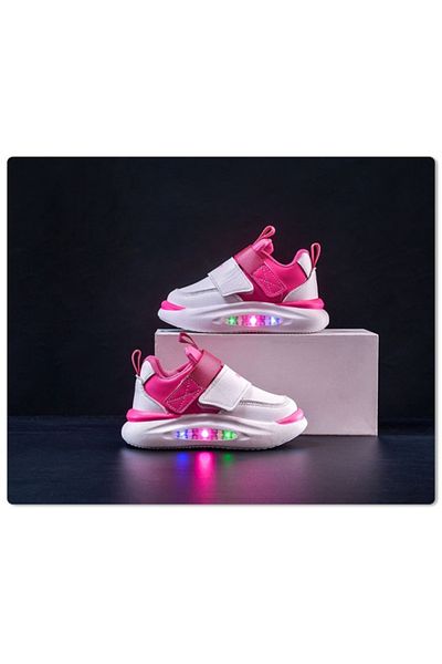 Superbaby Adidasi albi cu roz ciclamen cu luminite