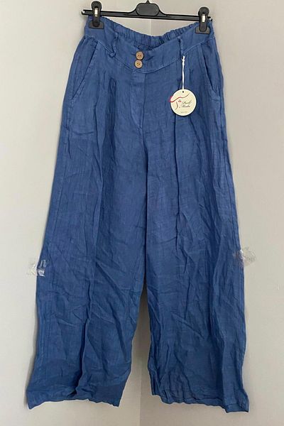 AYASOFYA OTANTIK Women's Italian Indigo Blue Plain Pattern Button Detailed Elastic Waist Pocket Wide Leg Linen Trousers