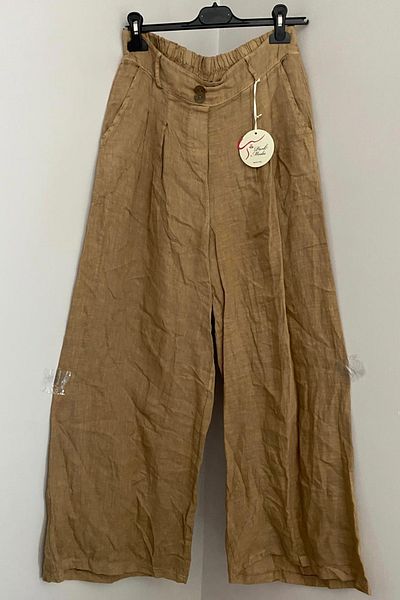 AYASOFYA OTANTIK Women's Italian Cappuccino Plain Pattern Button Detailed Elastic Waist Pocket Wide Leg Linen Trousers