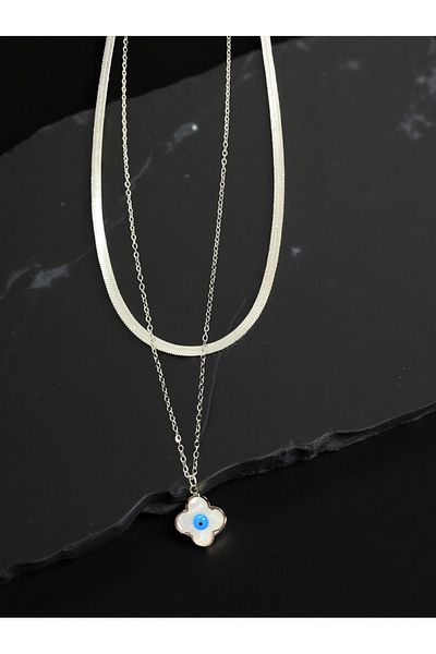 FM Clover Model Evil Eye Beaded Silver Color Antiallergic 316L Steel Necklace Bringing Luck and Trendy Design