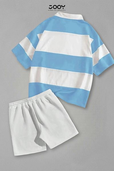 Jooy Set of 2 Striped Half Zipper T-Shirt White Shorts Set