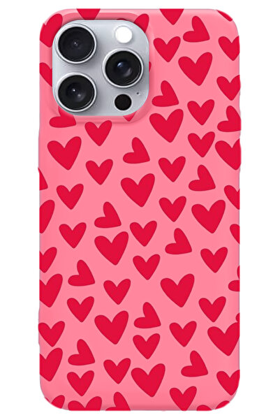 WANNA PROTECT iPhone 15 Pro Max Pembe İçi Kadife Kalpler Desenli Silikon Tele...
