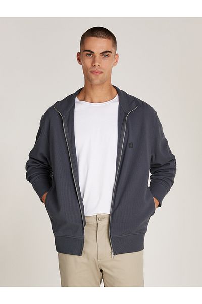 Calvin Klein Men Black Woven Label Waffle Zip Through Sweatshirt