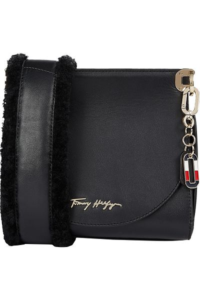 Tommy Hilfiger Women Black Luxe Leather Flap Crossbody Satchel Bag