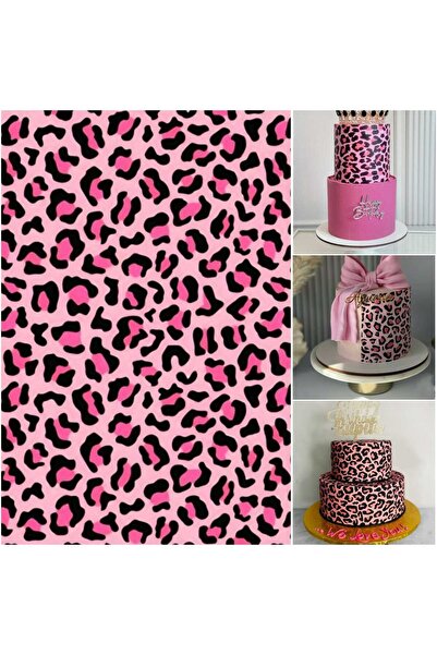 sevvom YENİLEBİLİR KAĞIT PEMBE LEOPAR DESENLİ RESİMLİ PASTAÜSTÜ ŞEKER KAĞIT B...
