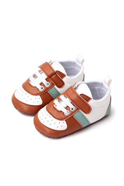 Superbaby Adidași albi pentru băieței pentru primii pași, cu inserții maro și...