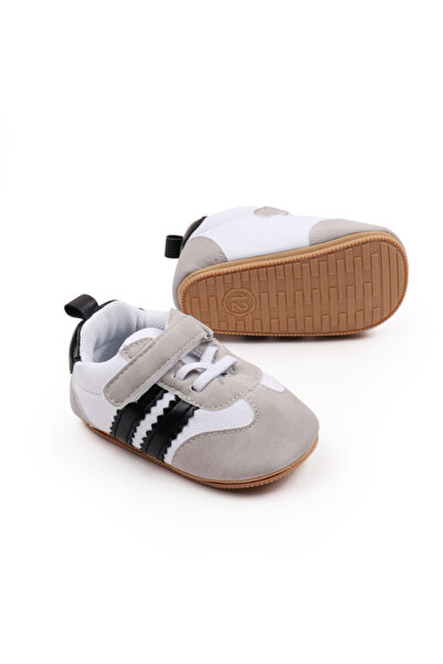 Superbaby Λευκά πάνινα παπούτσια με γκρι και μαύρες ρίγες