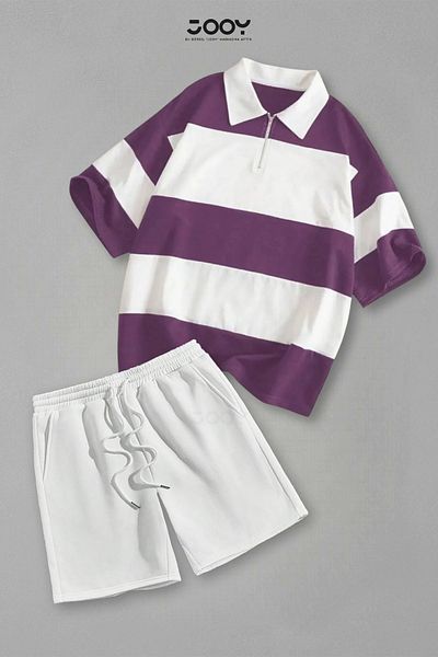Jooy Set of 2 Striped Half Zipper T-Shirt White Shorts Set