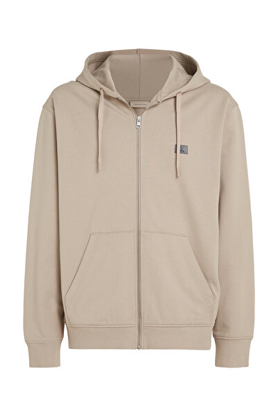 Calvin Klein Men Beige Woven Label Zip Through Hoodie