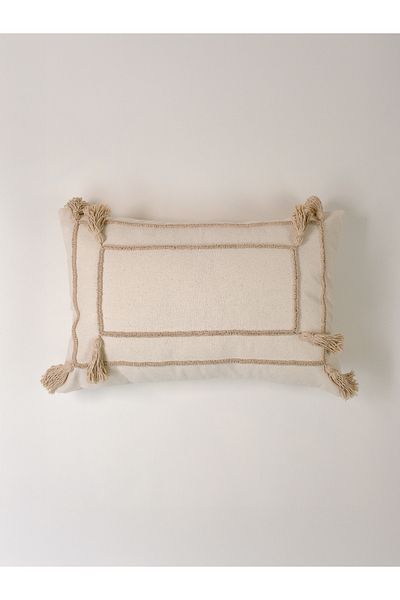 Galia Tasarım Μαξιλαροθήκη μαξιλαριού Bohemian Beige με φούντα πλυμένο λινό ορθογώνιο μαξιλάρι