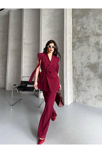 Ekim Store Bağlamalı Ikili Kuşaklı Blazer Yelekli Pantolon Takım