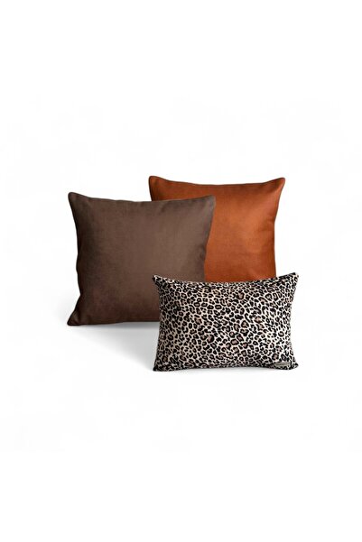 Doryan Home Fleo - Suni Nubuk & Süet Kırlent Kılıfı - 3'lü Kombin Set - 50x50 45x45 50x35 Kiremit Koyu Kahve Bej