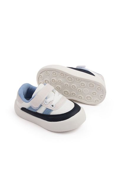Superbaby Adidasi albi cu insertii bleu si bleumarine