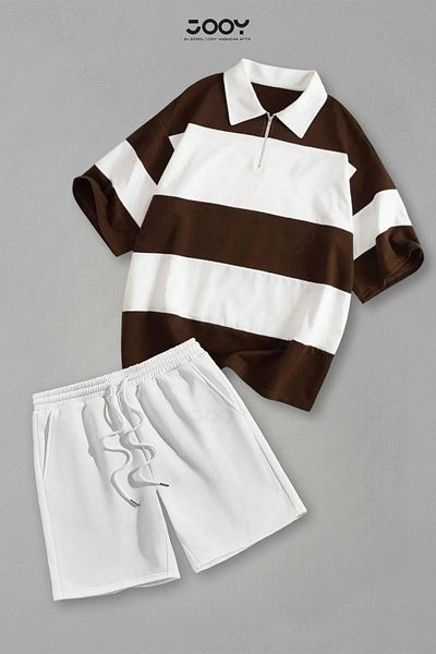 Jooy Set of 2 Striped Half Zipper T-Shirt White Shorts Set