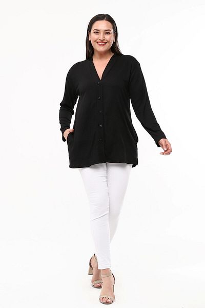 Laden Spring Summer Women's Plus Size Wrinkle Fabric Mother Classic Black Cardigan