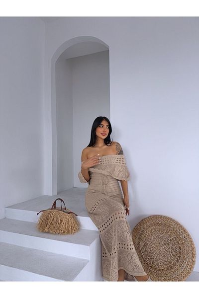 Ekim Store Μάξι φόρεμα με ροζ γιακά με διάτρητο σχέδιο