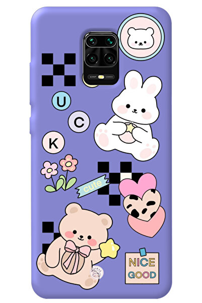 WANNA PROTECT Xiaomi Redmi Note 9S Lila İçi Kadife Cute Tavşan Desenli Siliko...