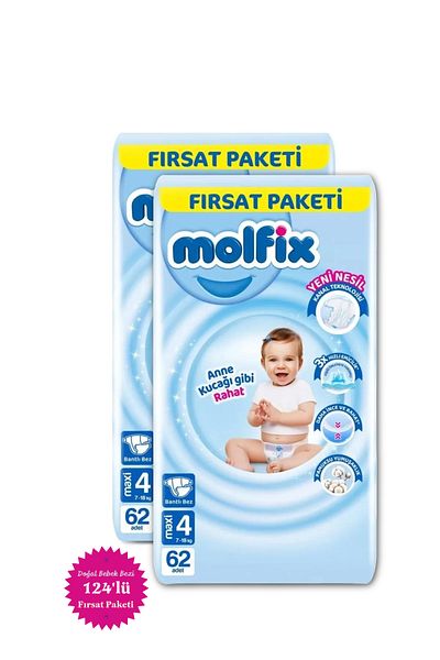 Molfix Baby Diapers 3D 4 Size Maxi 124 Pack Leak Proof Practical with Tape Maximum Comfort and Durability
