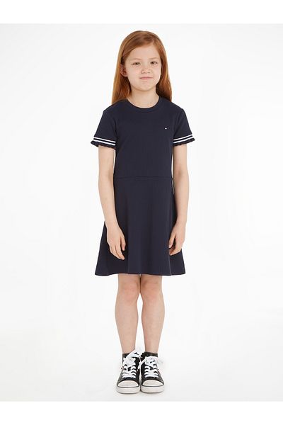 Tommy Hilfiger Women Blue Ruffle Rib Knit Midi Flare Dress