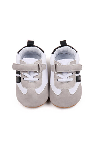 Superbaby Λευκά πάνινα παπούτσια με γκρι και μαύρες ρίγες