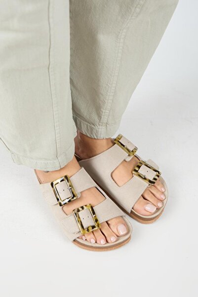 Manijero Alona Women's Genuine Leather Double Buckle Beige Slippers