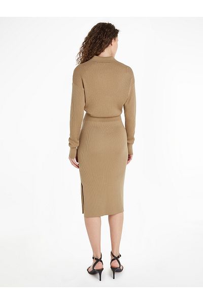 Tommy Hilfiger Tommy Hilfiger Women Beige Rib-Knit Polo Neck Sweater Dress