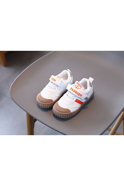 Superbaby Adidasi albi cu dungi gri si portocalii