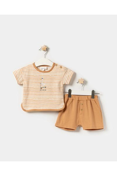 Momercy Striped Printed T-Shirt Buttoned Shorts Baby Boy Summer Two-Piece Set