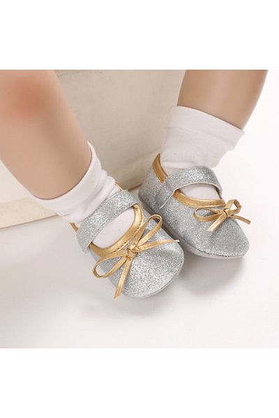 Superbaby Pantofiori argintii cu fundita aurie