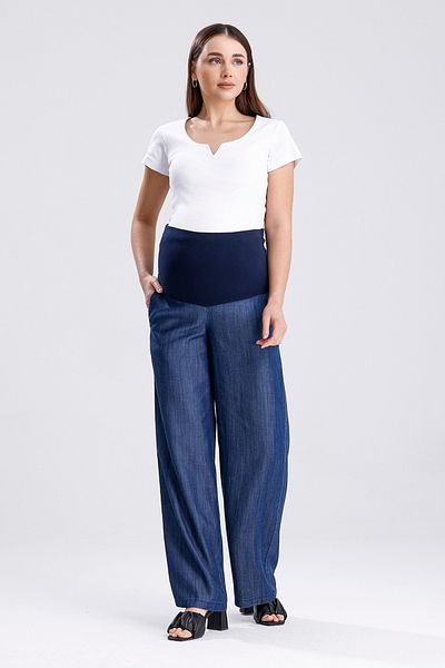 KATLİN MATERNİTY WEAR Maternity Loose Wide Leg Summer Denim Fabric Pants, Adjustable Waist