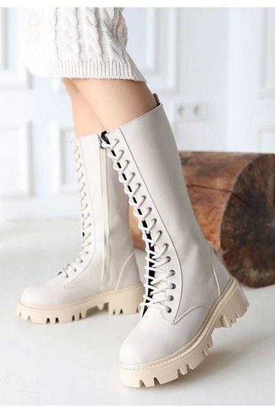 buHillco Uliza Beige Leather Laced Boots