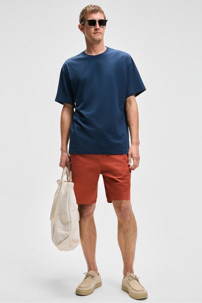 GRIMELANGE Feon Men's Oversize Wide Cut 100% Organic Cotton Thick Textured Round Neck Navy Blue T-Shirt