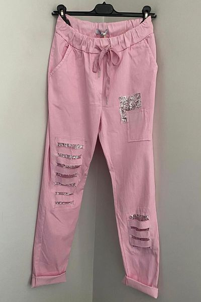 AYASOFYA OTANTIK Women's Italian Pink Elastic Waist Laser Cut Sequin Sequin Patched Trousers