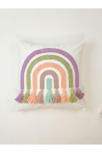 Galia Tasarım Rainbow Colored Tasseled Punch Throw Pillow Cover - Pastel