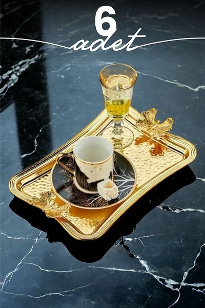 İronika 6 Pieces Stainless Gold Butterfly Rectangular Presentation Tray - Tea Coffee Pastry Serving